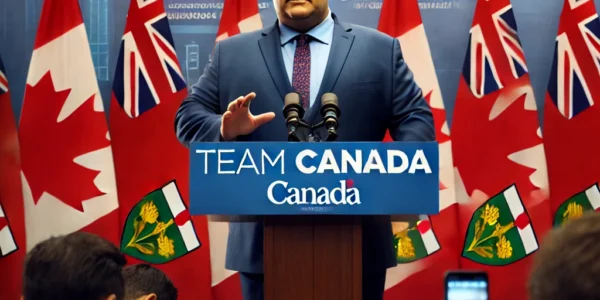 Doug Ford speaking at a podium with the Canadian flag behind him, addressing journalists about Canada’s response to U.S. tariffs.