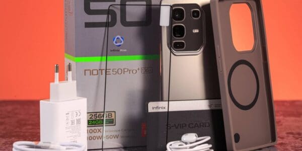 Infinix Note 50 Pro+ unboxing with accessories – smartphone, charger, USB cable, and case on display.