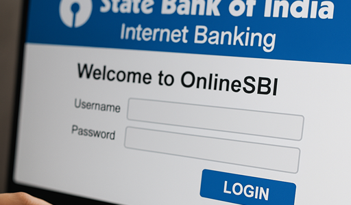 A computer screen displaying the State Bank of India’s online banking login page with a user’s finger pressing a key on the keyboard, indicating a login attempt.