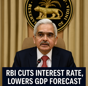 RBI Governor Shaktikanta Das announces interest rate cut and GDP forecast revision during 2025 press conference.