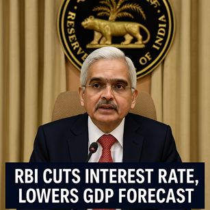 RBI Governor Shaktikanta Das announces interest rate cut and GDP forecast revision during 2025 press conference.