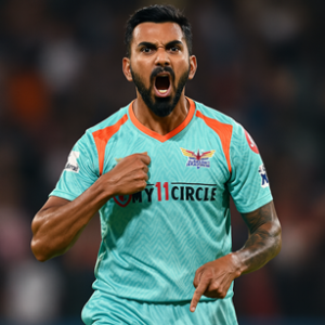 KL Rahul thumping chest after hitting match-winning six against RCB in IPL 2025