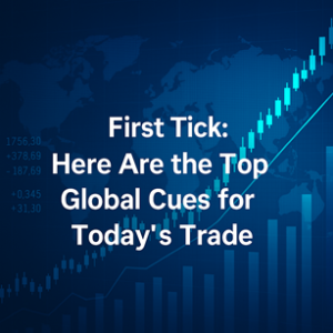 First Tick April 2025 global market cues with stock graphs and world map background