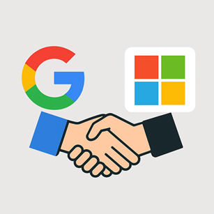 Google and Microsoft logos shaking hands, symbolizing a business partnership or tech collaboration.