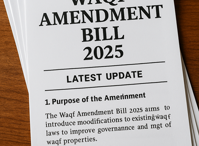 A stack of legislative documents labeled "Waqf Amendment Bill 2025" placed on a polished wooden surface, symbolizing legal reforms in waqf property management.