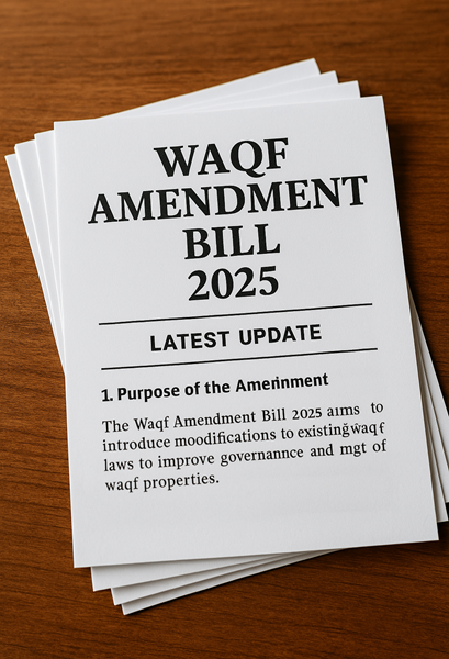A stack of legislative documents labeled "Waqf Amendment Bill 2025" placed on a polished wooden surface, symbolizing legal reforms in waqf property management.