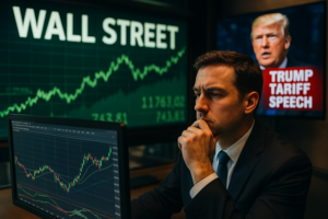 A stock market trader analyzing Wall Street trends as stock charts show gains, while news of Trump’s tariff speech impacts futures trading.