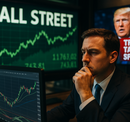 A stock market trader analyzing Wall Street trends as stock charts show gains, while news of Trump’s tariff speech impacts futures trading.