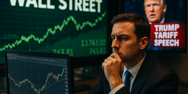 A stock market trader analyzing Wall Street trends as stock charts show gains, while news of Trump’s tariff speech impacts futures trading.