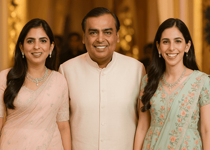 Mukesh Ambani with daughter Isha Ambani and Shloka Mehta at a Mumbai event in 2025, all dressed in elegant traditional outfits.