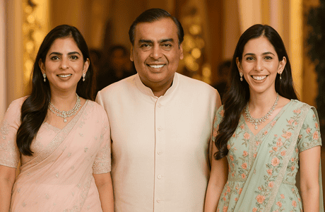 Mukesh Ambani with daughter Isha Ambani and Shloka Mehta at a Mumbai event in 2025, all dressed in elegant traditional outfits.