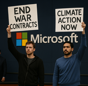 Two Microsoft employees protesting during the 50th anniversary event with signs demanding ethical reforms