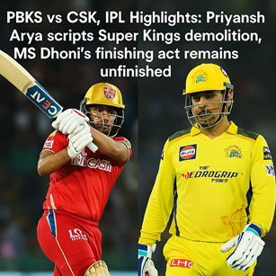 Priyansh Arya celebrates after powerful knock against CSK, while MS Dhoni looks on during IPL 2025 clash.