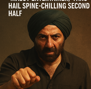Sunny Deol in a fierce avatar from the film Jaat, portraying intensity in a dramatic poster with earthy tones.