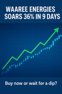 Waaree Energies share price up 36% in 9 days with green upward chart and investment question.