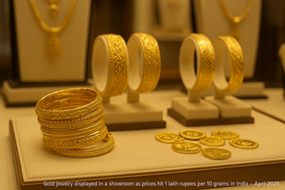 "Gold bangles and coins on display as prices cross ₹1 lakh per 10 grams in India – April 2025".