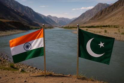 India and Pakistan flags over Indus River symbolizing Indus Water Treaty conflict after Pahalgam attack
