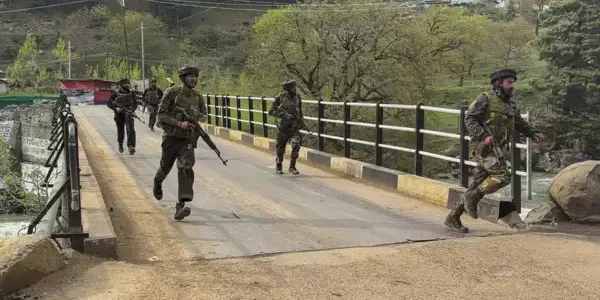 Indian security forces patrolling Pahalgam after terror attack in April 2025.