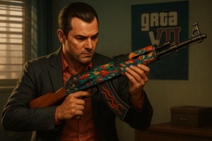GTA VI concept art showing weapon customization in a neon lit gun shop