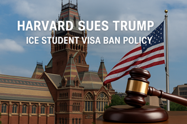 Harvard University campus with gavel and U.S. flag symbolizing lawsuit against Trump’s student visa ban.