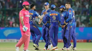 MI celebrate a wicket during their 100-run win over Rajasthan Royals in IPL 2025 on May 1.