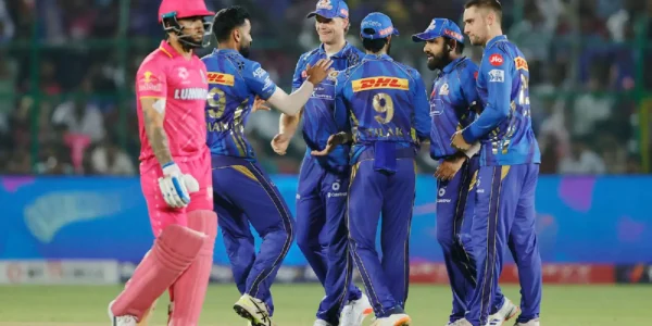 Mumbai Indians celebrate a wicket during their 100-run win over Rajasthan Royals in IPL 2025 on May 1.