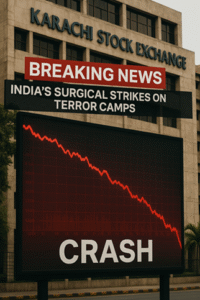 Pakistan stock market crash chart with breaking news after India air strikes on PoK terror camps.