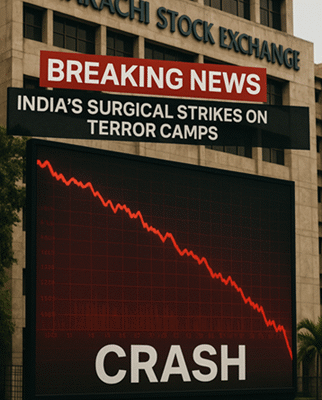 Pakistan stock market crash chart with breaking news after India air strikes on PoK terror camps.