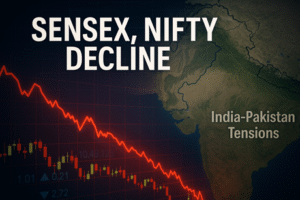 Stock market graph showing Sensex and Nifty falling due to India-Pakistan border tension.