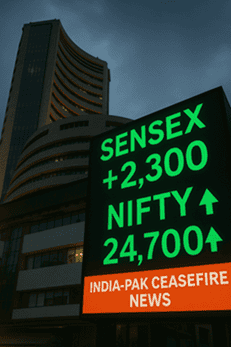 Stock market rally: Sensex jumps 2,300 points, Nifty crosses 24,700 after India-Pakistan ceasefire calms markets.