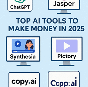 Top AI tools to make money in 2025 including ChatGPT, Jasper AI, Synthesia, Pictory, and Copy.ai.