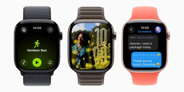Apple Watch showing watchOS 26 features with Liquid Glass interface.