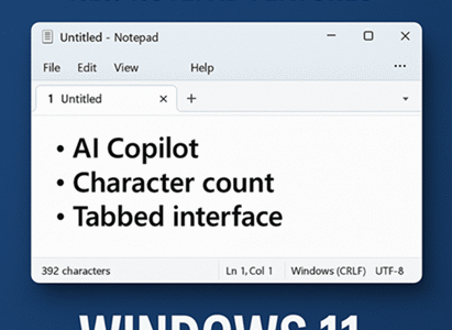 Notepad new features in Windows 11 including AI Copilot, character count, and tabbed interface.
