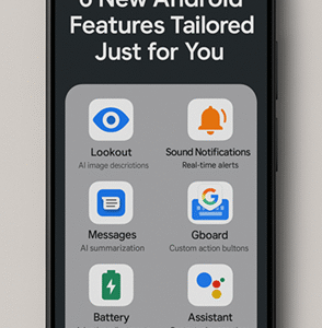 Android 2025 smartphone showing new personalized features like Lookout, AI Messages, Sound Notifications, Gboard, and more.