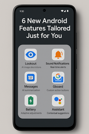 Android 2025 smartphone showing new personalized features like Lookout, AI Messages, Sound Notifications, Gboard, and more.