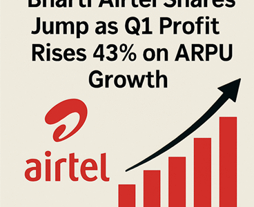 Bharti Airtel Q1 profit rises 43% with ARPU growth; shares surge as financial graph and Airtel logo highlight earnings boost.