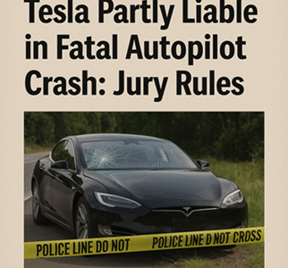 A damaged Tesla Model S at a crash site, marked by police tape, following a Florida jury's ruling that found Tesla partly liable in a 2019 fatal Autopilot crash.
