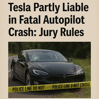 A damaged Tesla Model S at a crash site, marked by police tape, following a Florida jury's ruling that found Tesla partly liable in a 2019 fatal Autopilot crash.